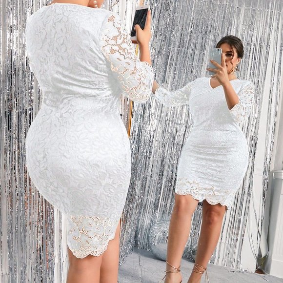 Plus Lace Dress, Guipure Lace Overlay Bodycon Dress, Formal wedding party dress - Picture 5 of 6